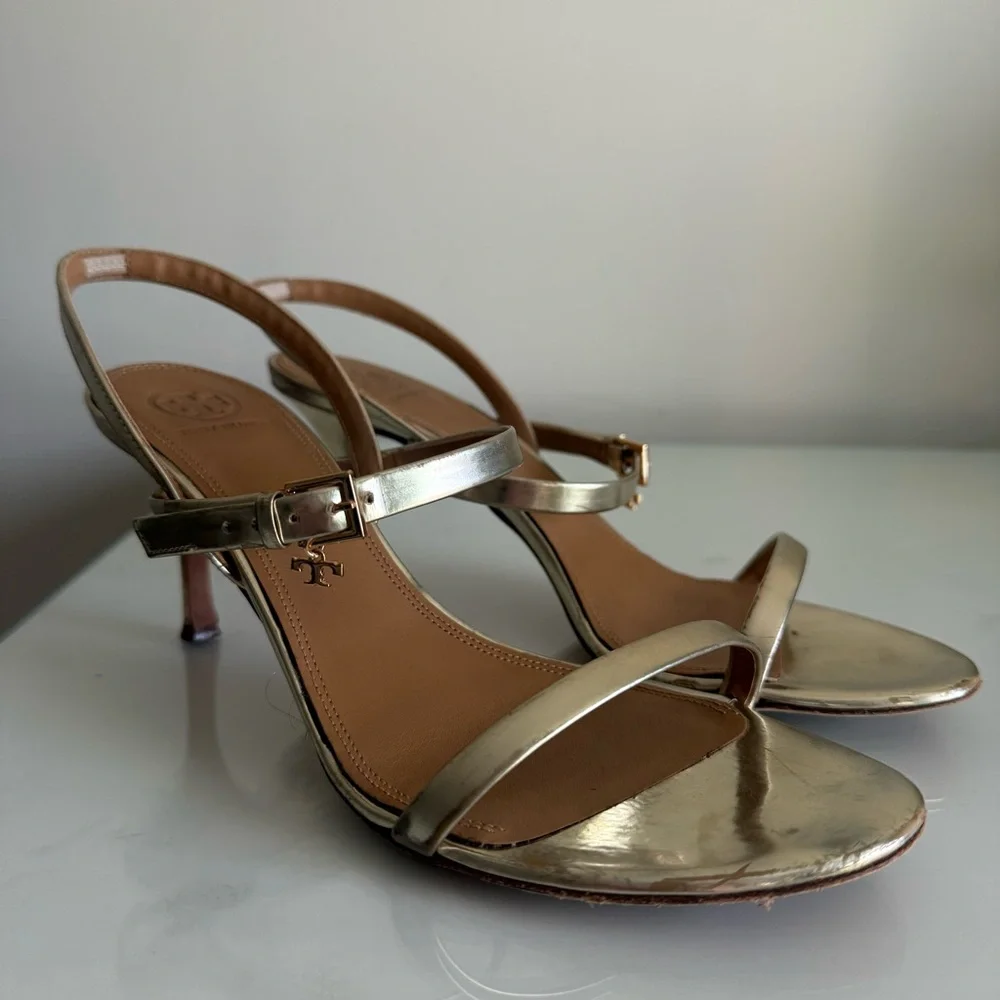 Tory Burch Penelope Slingback Sandal Mirror Metallic Gold Size 9 - Picture 3 of 13